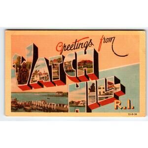 Greetings From Watch Hill Rhode Island Large Letter Postcard Linen Dexter 1949